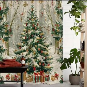 Vintage Christmas Tree Print Shower Curtain. NIP